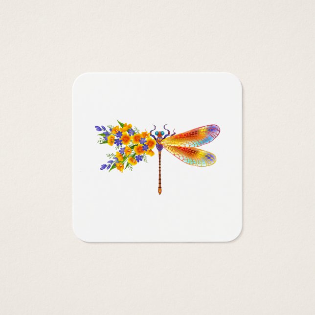 Gult Flower Dragonfly Fyrkantigt Visitkort (Framsida)