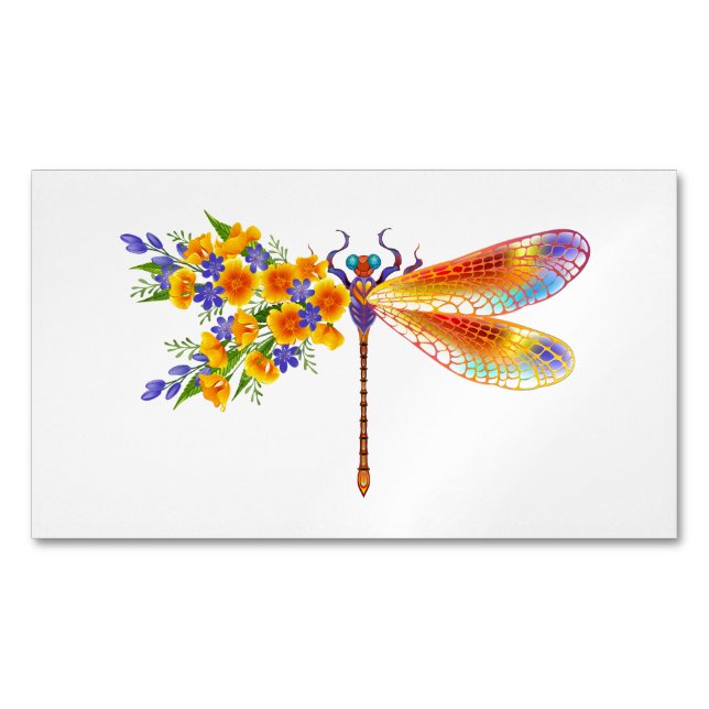 Gult Flower Dragonfly Magnetiska Visitkort (Framsida)