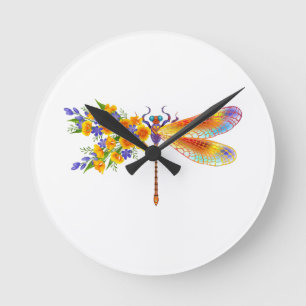 Gult Flower Dragonfly Rund Klocka