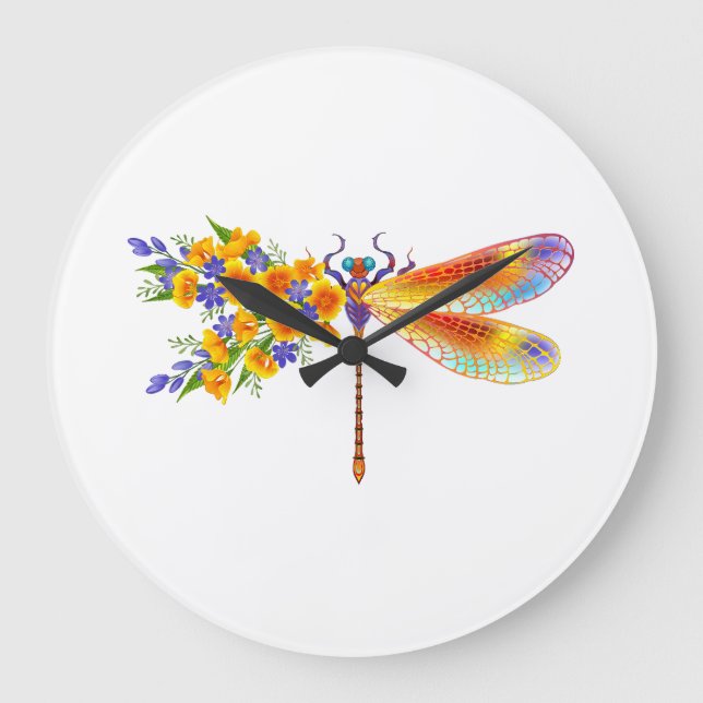 Gult Flower Dragonfly Stor Klocka (Framsida)