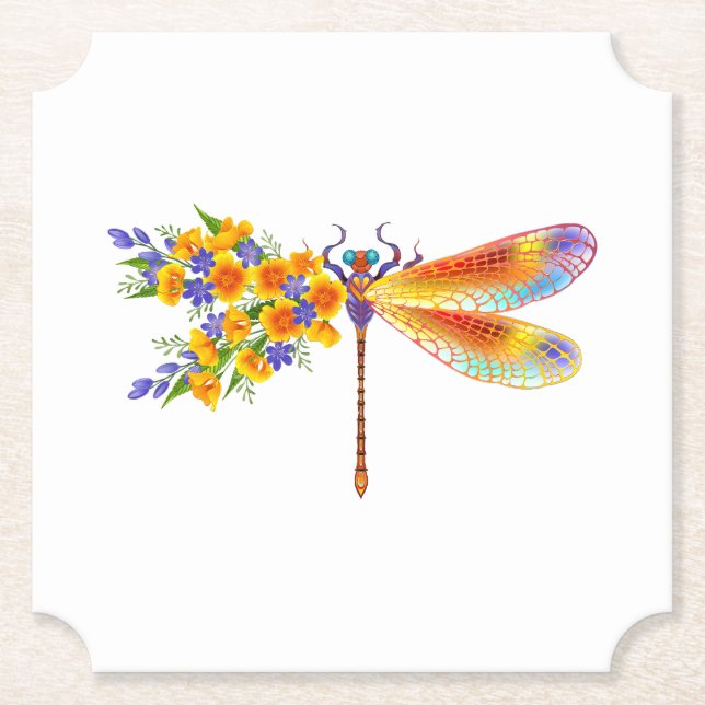 Gult Flower Dragonfly Underlägg Papper (Framsida)