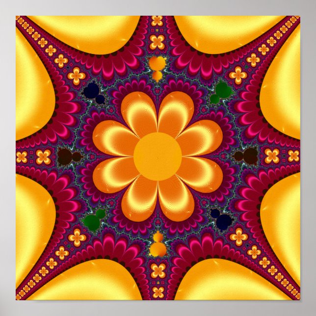Gult Flower Mandelbrot Mandala Poster (Framsidan)