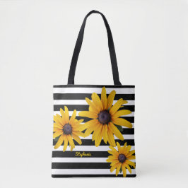 Gult Flower Photo Black Rand med Namn Tygkasse