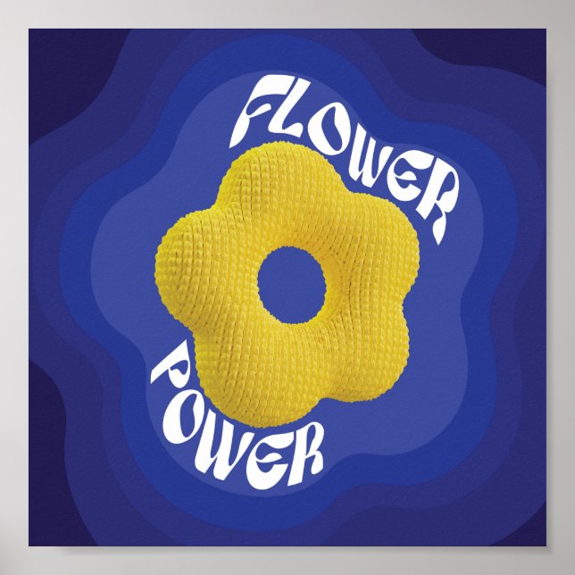 Gult Flower Power Art Poster med blå övertoning (Framsidan)