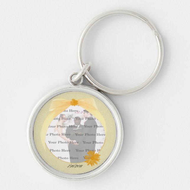 Gult Flower Round Silver Photo Keychain Rund Silverfärgad Nyckelring (Framsidan)