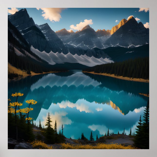 Gult Flower Sjö Mountain Landscape Poster (Framsidan)