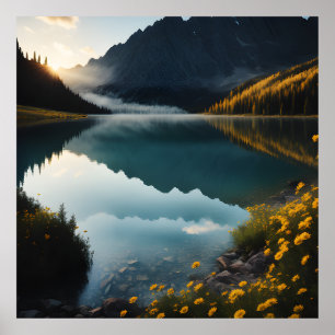 Gult Flower Sjö Mountain Landscape Poster