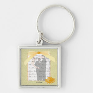 Gult Flower Square Silver Photo Nyckelring