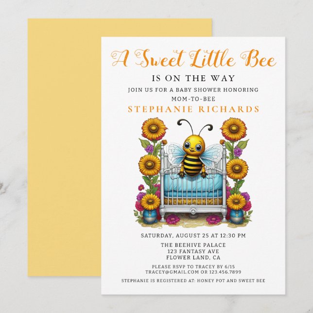 Gult Flower Sweet Little Bee Crib Baby Shower Inbjudningar (Fram/baksida)