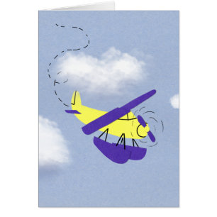 Gult flygplan och blåtttecknadkonst hälsningskort