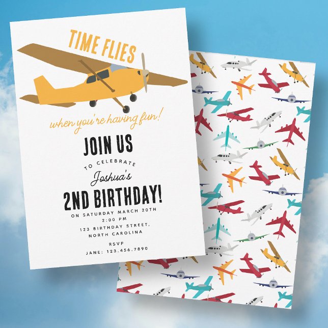 Gult Flygplanets barn 1:a födelsedag Party Inbjudningar (Yellow Airplane Kids 1st Birthday Party Time Flies Invitation)