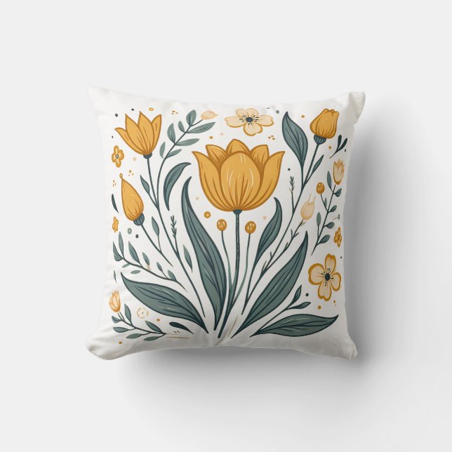 Gult Folk Tulip Dekorativ kudde (Framsida)
