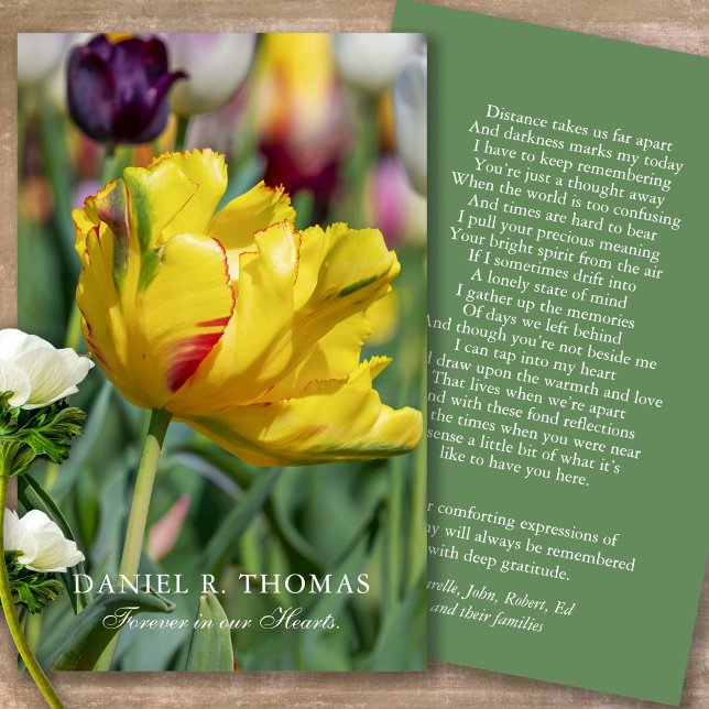 Gult för allmän förlust Tulip Prayer Sympathy Card Visitkort (Forever in our hearts, celebration of life, in loving memory of, prayer cards for bereavement)