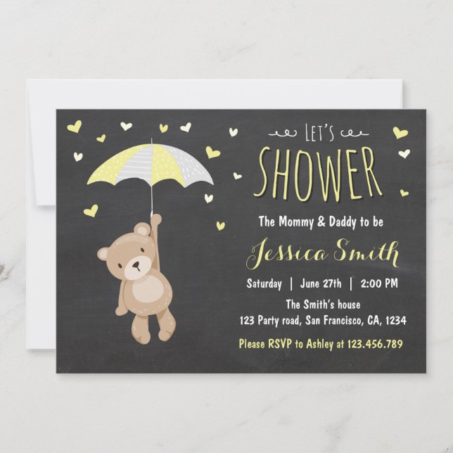 Gult för Baby Shower Nalle Investigation Girl Boy Inbjudningar (Framsida)