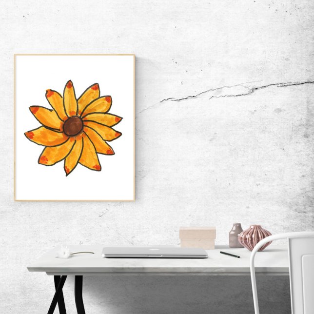 Gult för blomma Hand plockade Poster (A poster of a hand drawn yellow flower with red and orange tips)