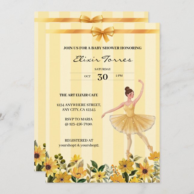 Gult för Blommigt Ballerina Ribbon Baby Shower Inbjudningar (Fram/baksida)