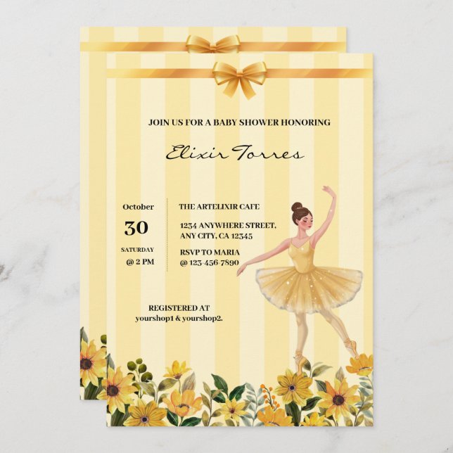 Gult för Blommigt Ballerina Ribbon Baby Shower Inbjudningar (Fram/baksida)