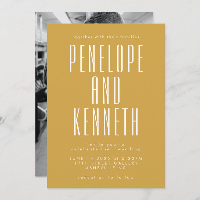Gult för fet Namn Retro-typografi - foto Bröllop Inbjudningar (Fram/baksida)