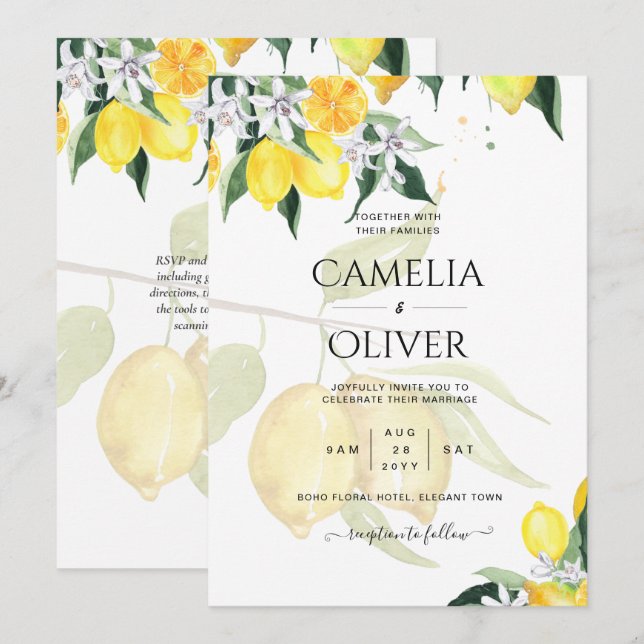 Gult för inbjudan till budgetbröllop för LeahG Cit (Fram/baksida)