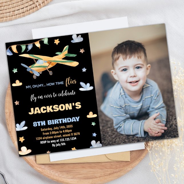 Gult för inbjudan till flygplanet på födelsedagen  (Airplane Birthday Invitations Yellow Black w Photo)