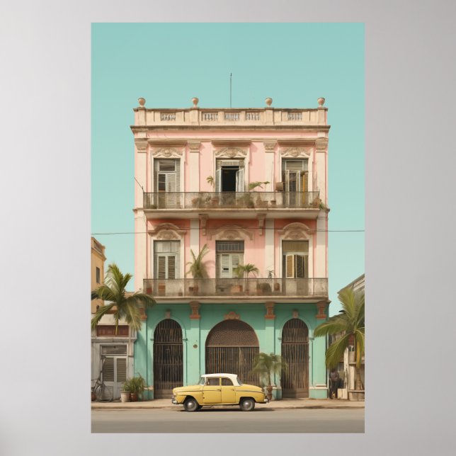 Gult för kolonial Byggnad Car Havana Kuba Poster (Framsidan)