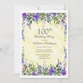 Gult för Lavender-Blommigt 100:e Födelsedagsfesten Inbjudningar