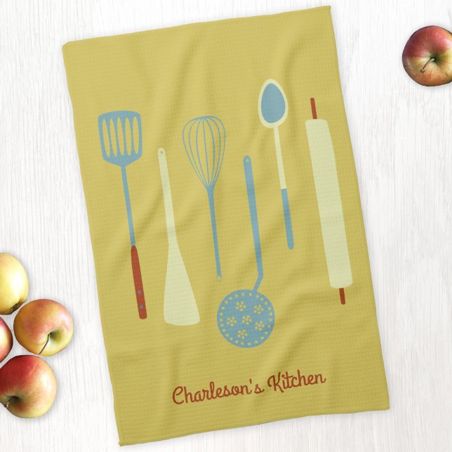 Gult för Personlig av återkök Kökshandduk (Retro kitchen utensils personalized yellow kitchen towel with editable text)