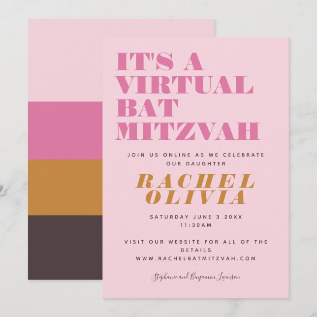 Gult för Rosa av akut Virtuell Online Bat mitzvah Inbjudningar (Fram/baksida)