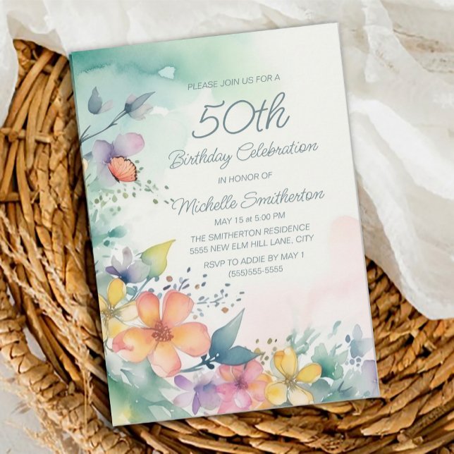 Gult för Rosa Pastel Flowers 50:e födelsedagen Inbjudningar (Teal, yellow, pink floral 50th birthday party invitation)