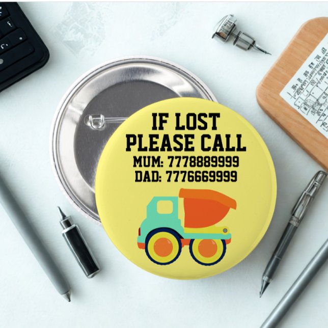 Gult för underordnat ID- för den moderna Anpassnin Knapp (Modern custom missing child id card yellow truck badge button)