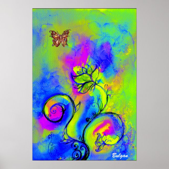 GULT FÖR WHIMSISKA FLÖDEN OCH BUTTERFLIES blå grön Poster (Framsidan)