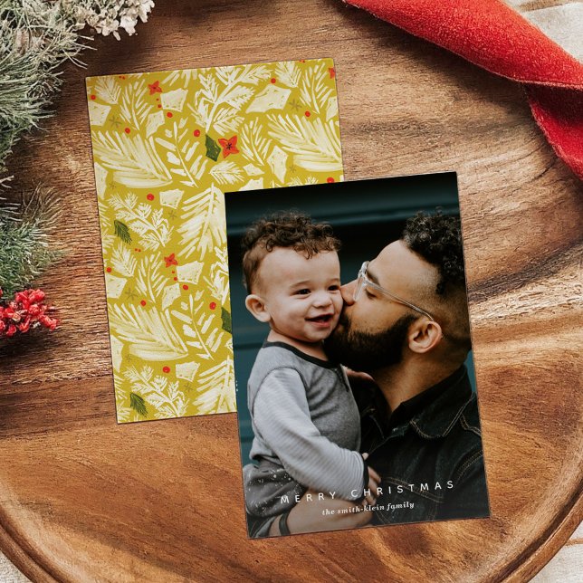 Gult-fotokort för botaniskt Lodrät Helgdag Julkort (Chartreuse Yellow Festive Botanical Vertical Photo Holiday Card)