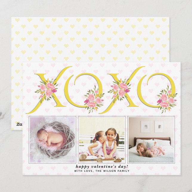 Gult, fotot av grått XOXO Rosa ros Valentines day Julkort (Fram/baksida)