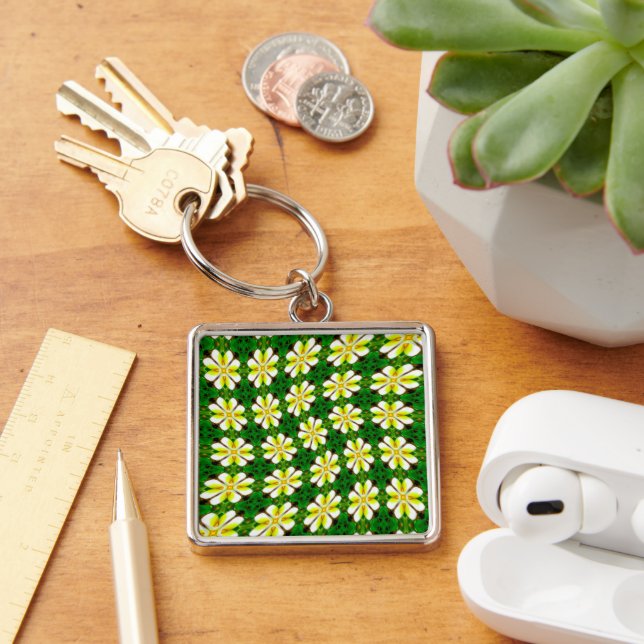 Gult Frangipani Mönster Fyrkantig Silverfärgad Nyckelring (Skrivbord)