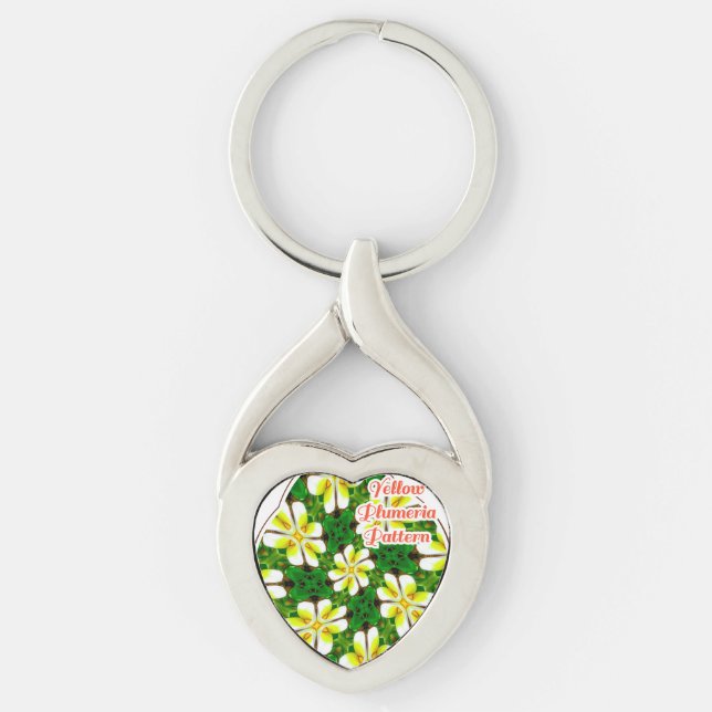 Gult Frangipani Mönster Twisted Heart Silverfärgad Nyckelring (Framsidan)