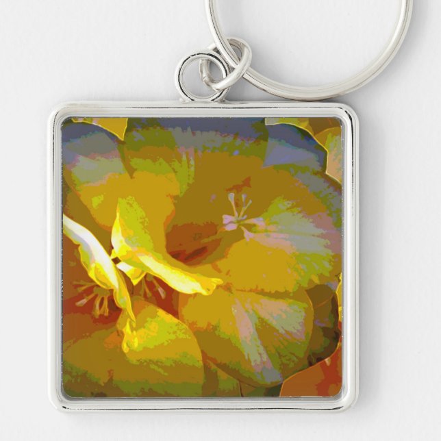 Gult Freesia Digital Manipulation Fyrkantig Silverfärgad Nyckelring (Framsidan)