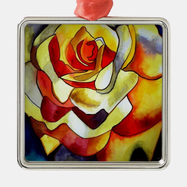 Gult Freesia vattenfärgsoriginalblomma Julgransprydnad Metall (Framsidan)