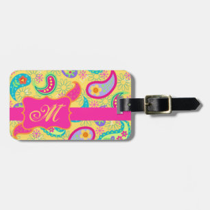 Gult Fuchsia Rosa Modern Paisley Monogram Bagagebricka