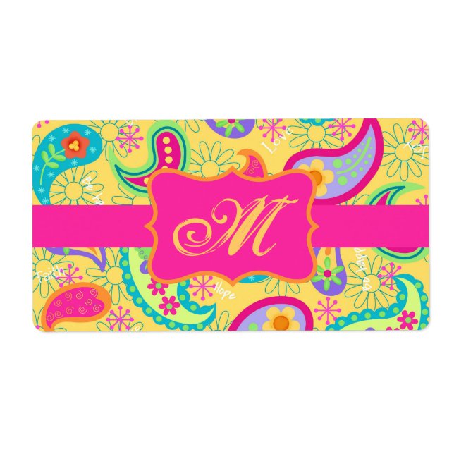 Gult Fuchsia Rosa Modern Paisley Monogram Fraktsedel (Framsidan)