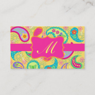 Gult Fuchsia Rosa Modern Paisley Monogram Visitkort