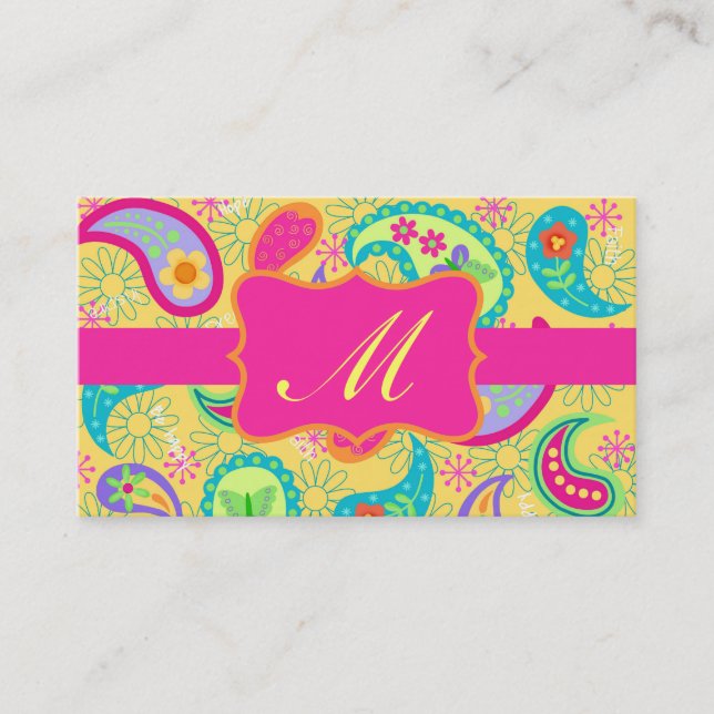 Gult Fuchsia Rosa Modern Paisley Monogram Visitkort (Framsida)
