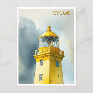 Gult fyr Reykjavik Island vattenfärg Vykort