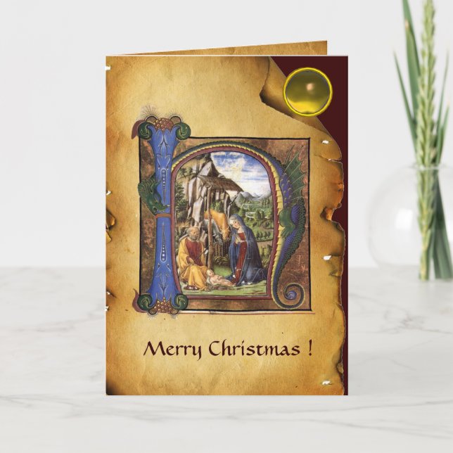 GULT Gem FÖR NATIVITY MONOGRAM CHRISTMAS PARCHMENT Helgkort (Framsida)