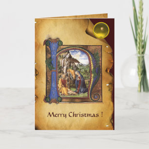GULT Gem FÖR NATIVITY MONOGRAM CHRISTMAS PARCHMENT Helgkort