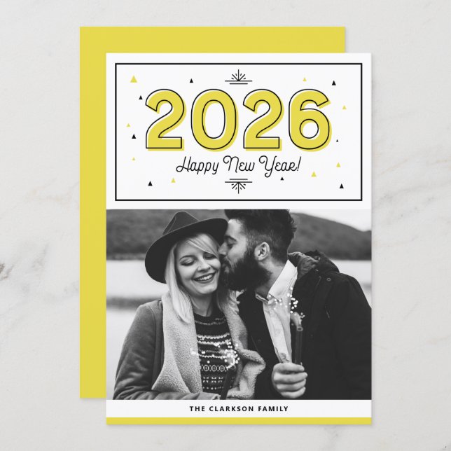Gult Geometric Typography Photo Gott nytt år Julkort (Fram/baksida)