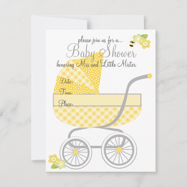 Gult Gingham Baby Buggy Inbjudningar (Framsida)
