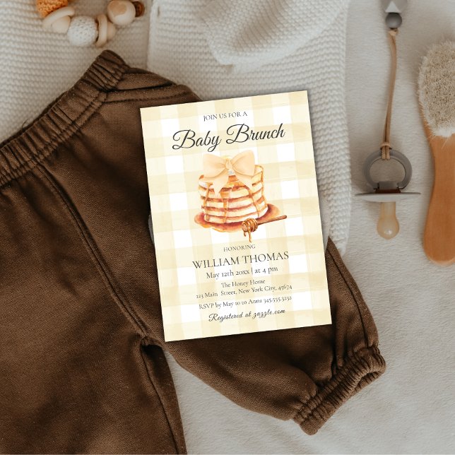 Gult Gingham Bow Baby Brunch Pancake Baby Shower Inbjudningar (Yellow Gingham Bow Baby Brunch Pancake Baby Shower Invitation)