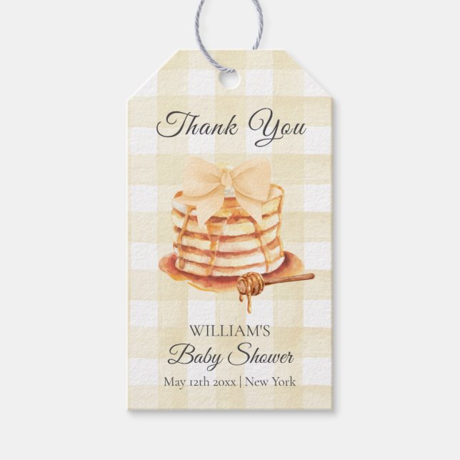 Gult Gingham Bow Pancake Brunch Baby Shower Presentetikett (Framsidan)