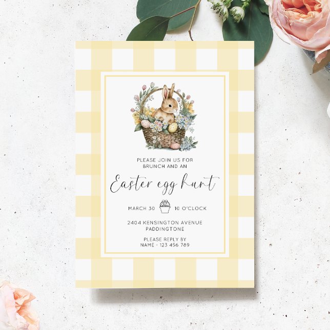 Gult Gingham Bunny Påskägg Hunt Inbjudningar (Easter Egg Hunt Invitation Gingham )