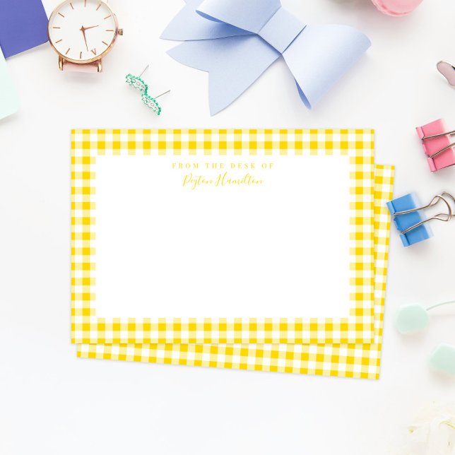 Gult Gingham Check Personal Stationery Tack Kort (sunny yellow gingham check pattern personal stationery for adults and kids)